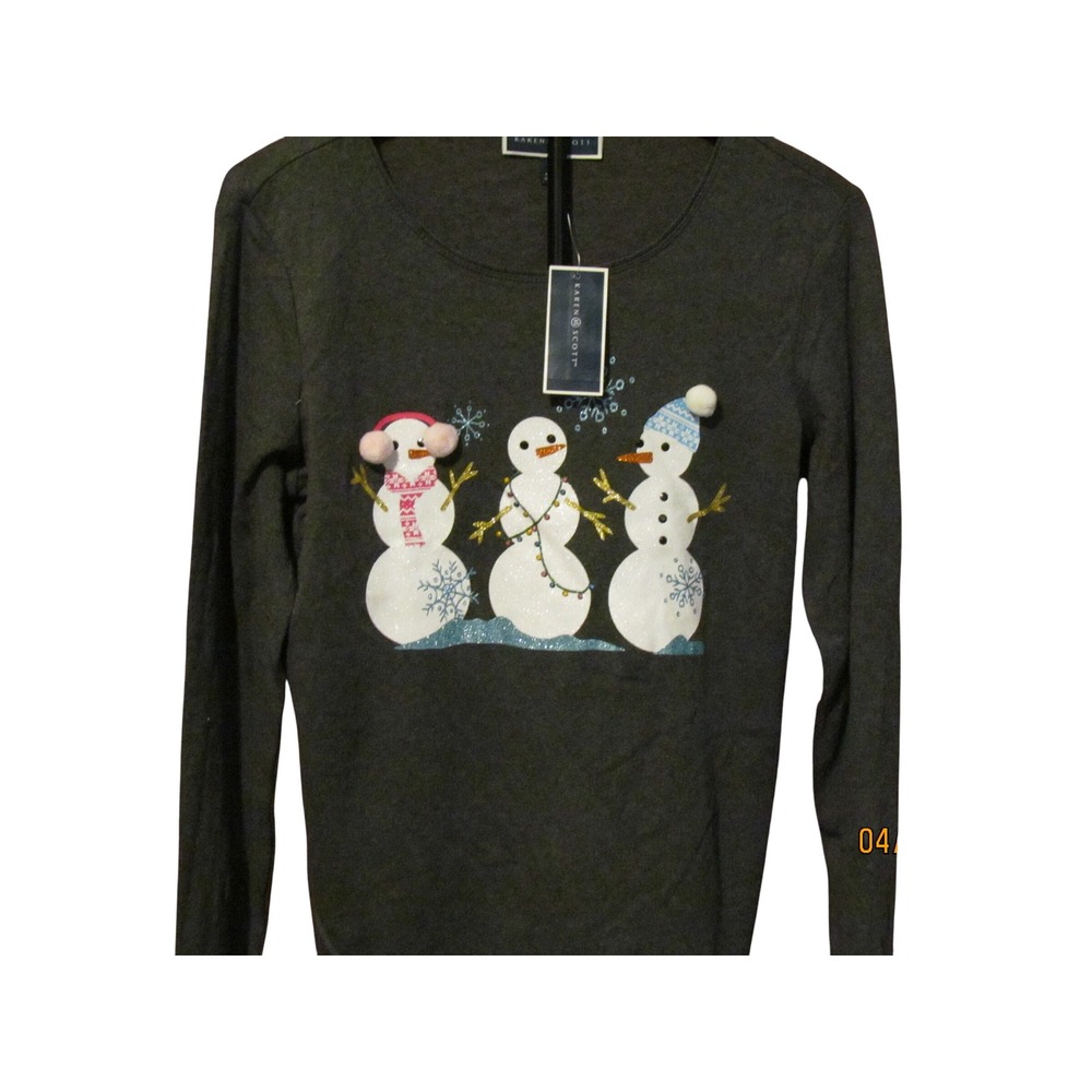 Karen Scott Womens Snowman Christmas Holiday Top Gray Long Sleeve Small NWT
